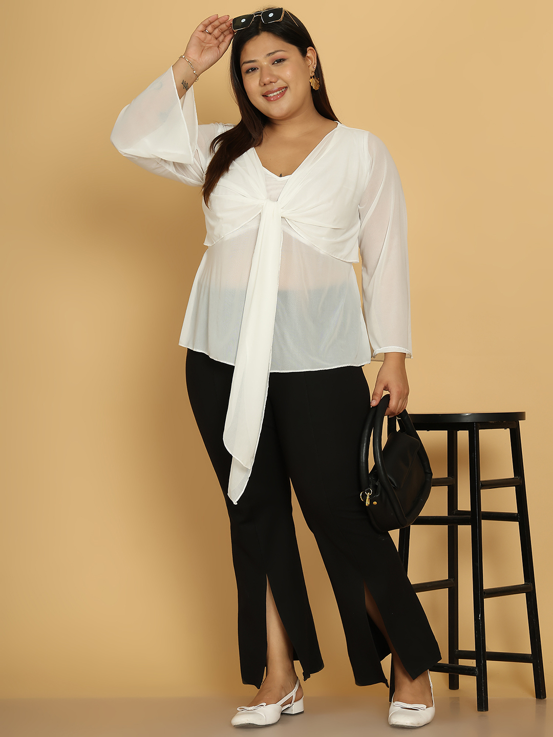 Women's Plus Size White solid color poly knitted Tie-up mesh top