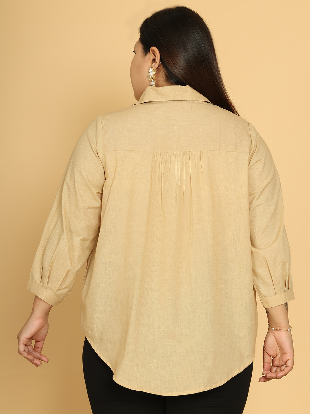Women's Plus Size Beige Solid Color Cotton Shirt