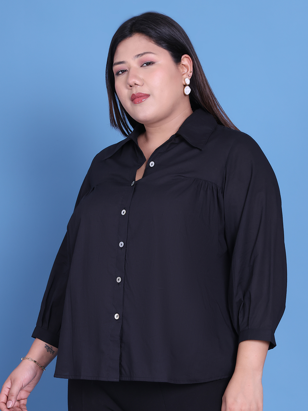 Women's Plus Size Black Solid Color Cotton Shirt