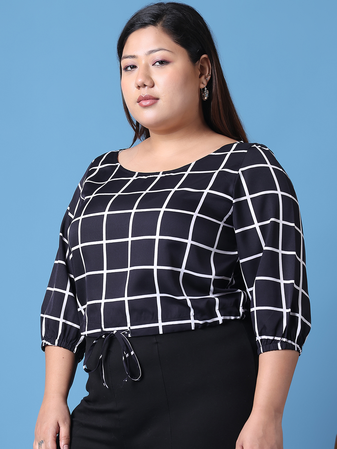 Women's Plus Size Black Check Printed Crepe Top