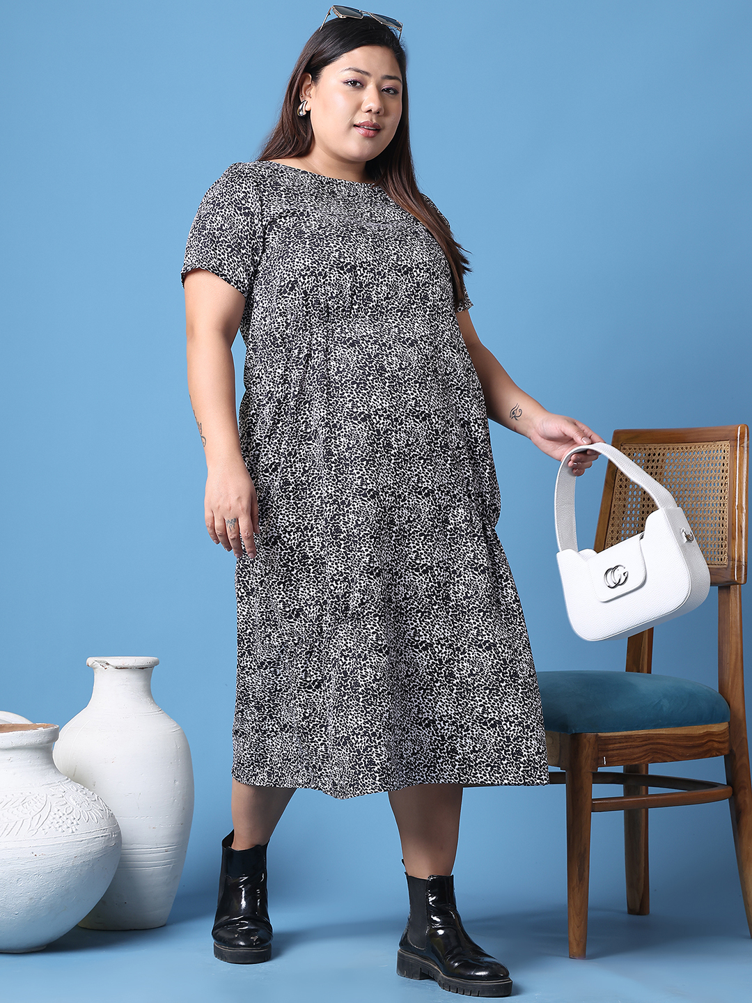 Women's Plus Size Tiger Animal Printed A-Line Crepe Dress