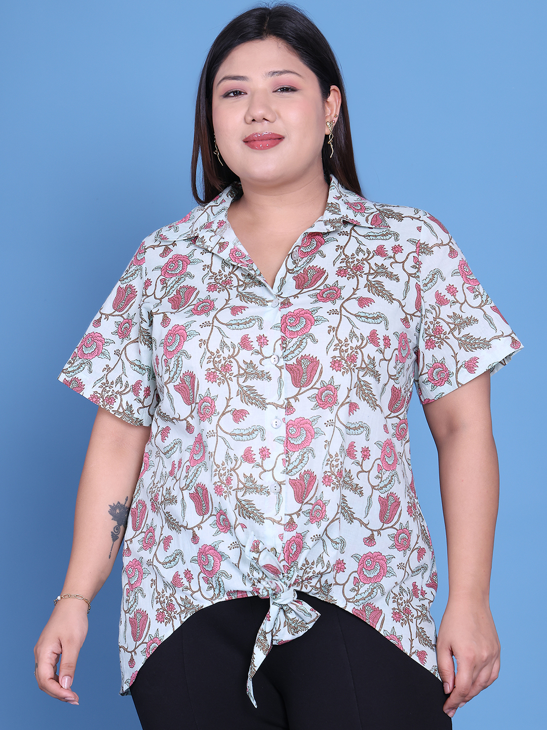 Women's Plus Size Sea Green Floral Printed Cotton Shirt
