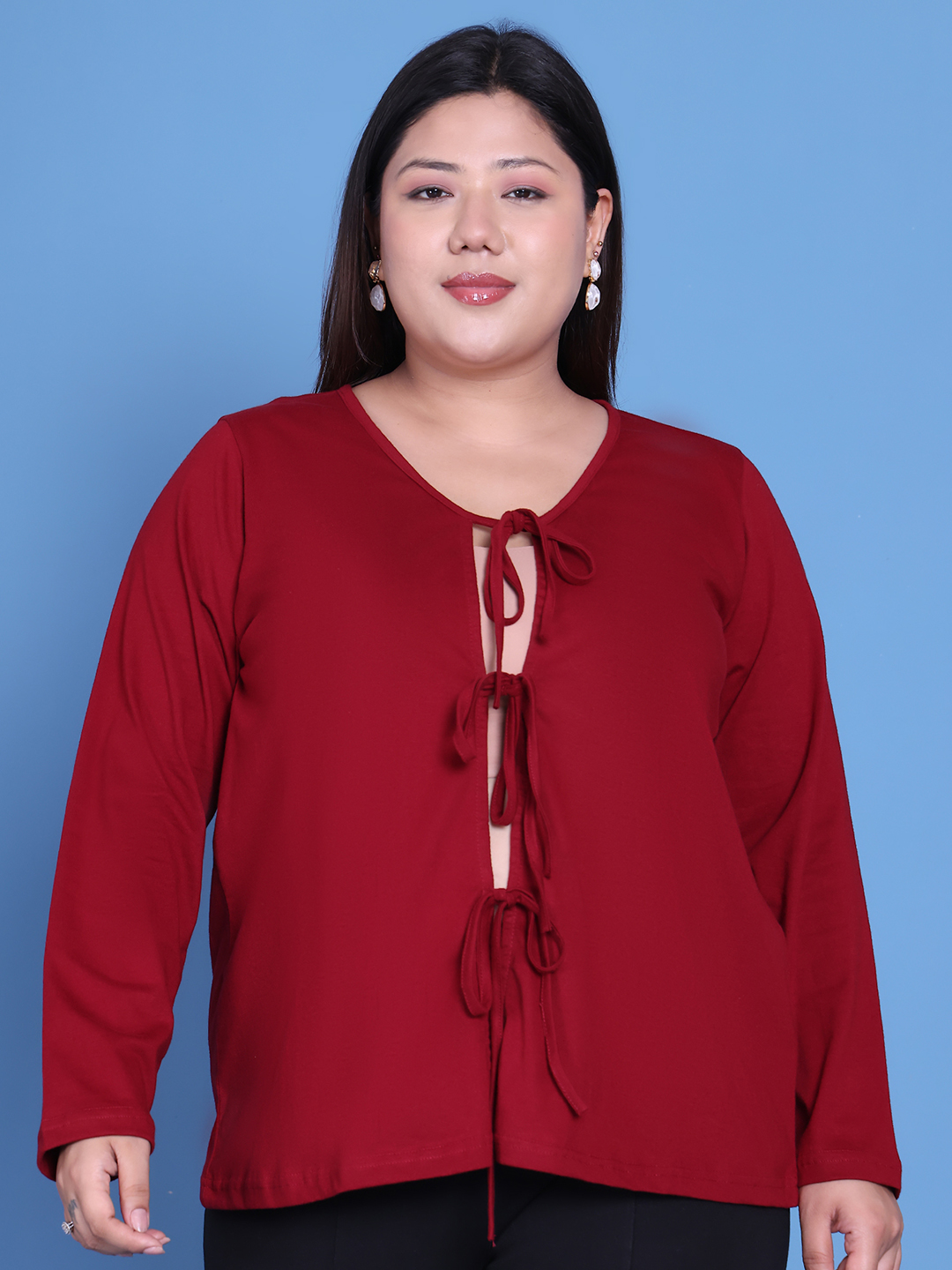 Women's Plus Size Maroon Solid Color Cotton Knitted Shrug