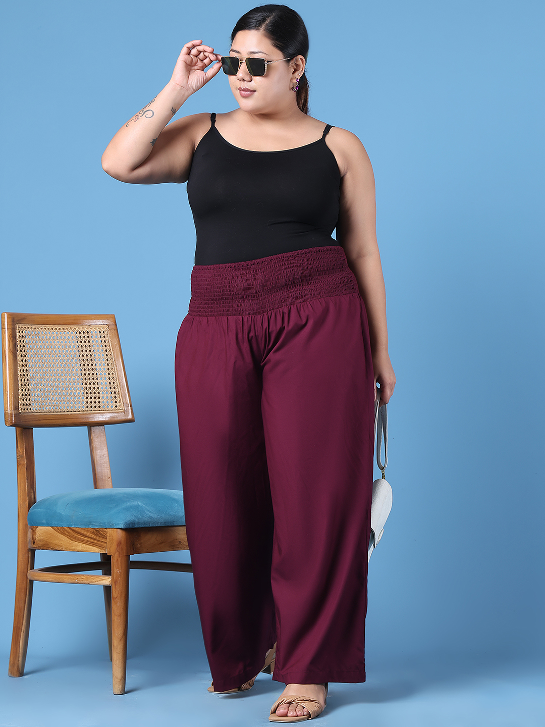 Women's Plus Size Burgundy Solid Color Woven Wide Leg Flared Trouser