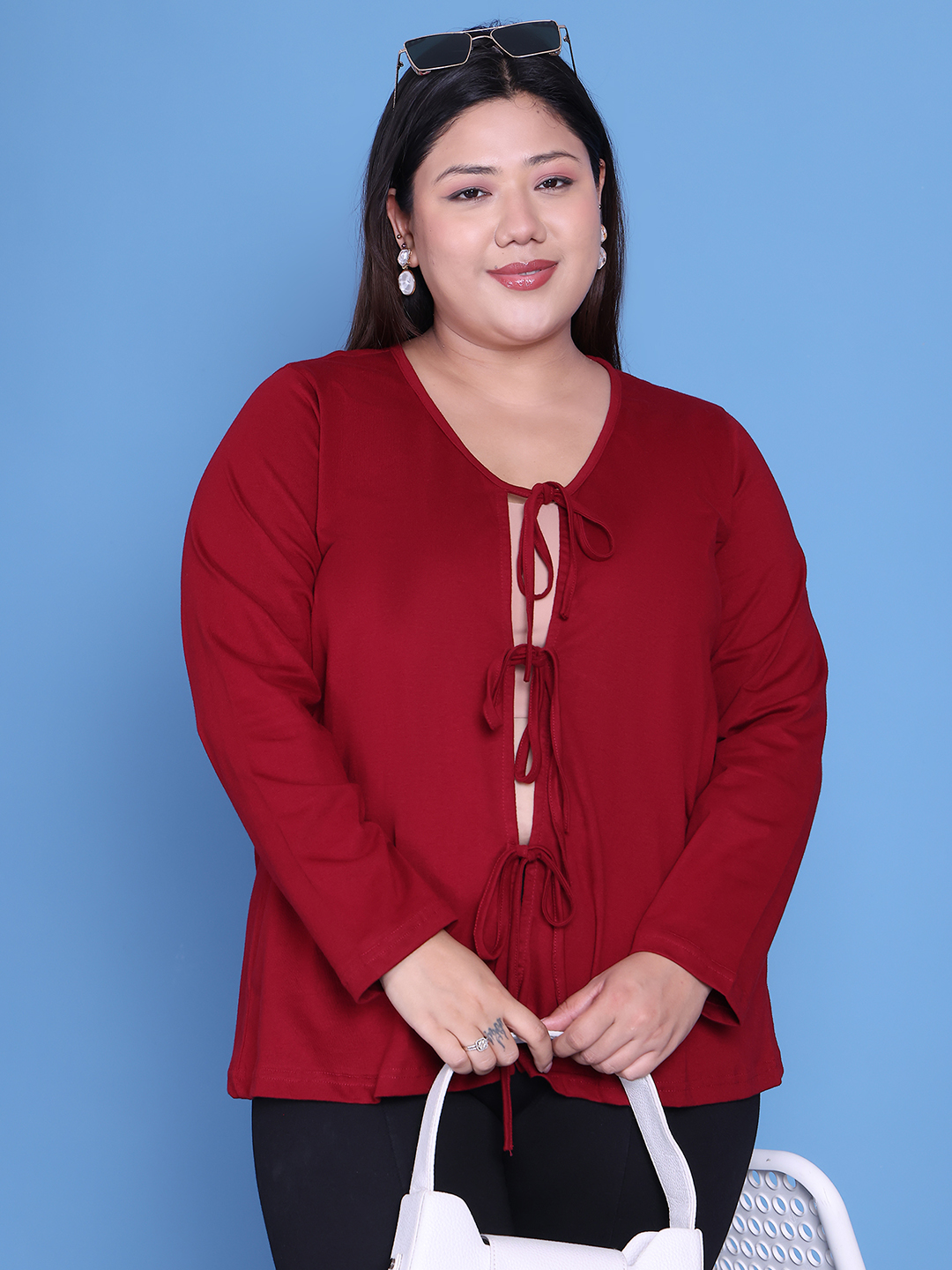 Women's Plus Size Maroon Solid Color Cotton Knitted Shrug