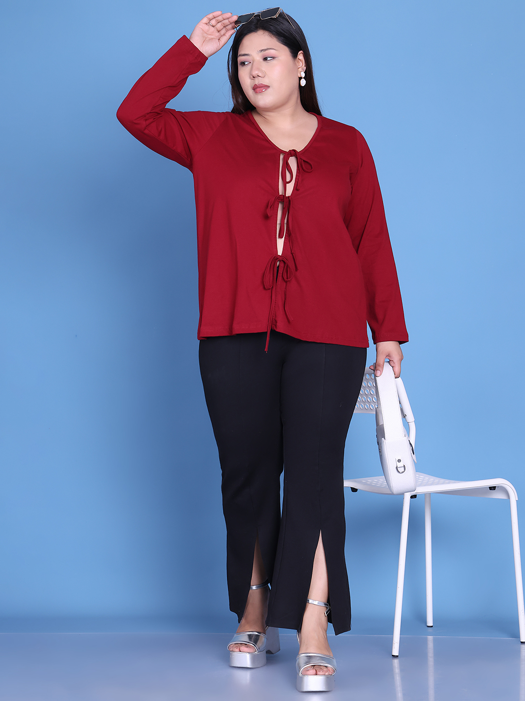 Women's Plus Size Maroon Solid Color Cotton Knitted Shrug