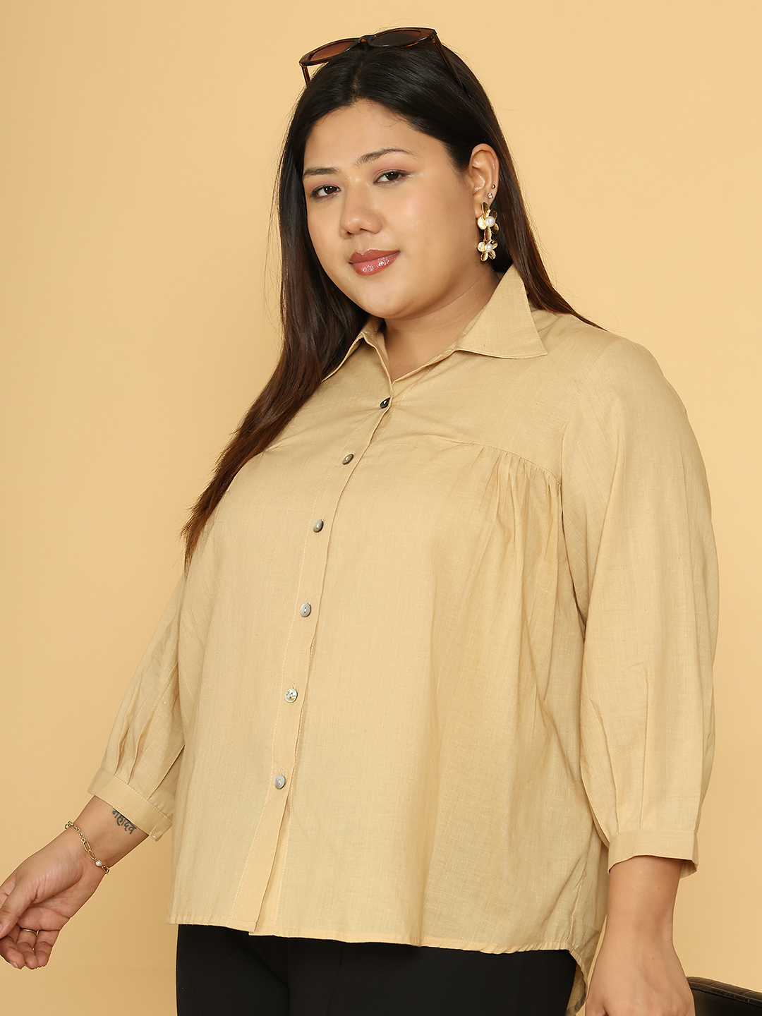 Women's Plus Size Beige Solid Color Cotton Shirt