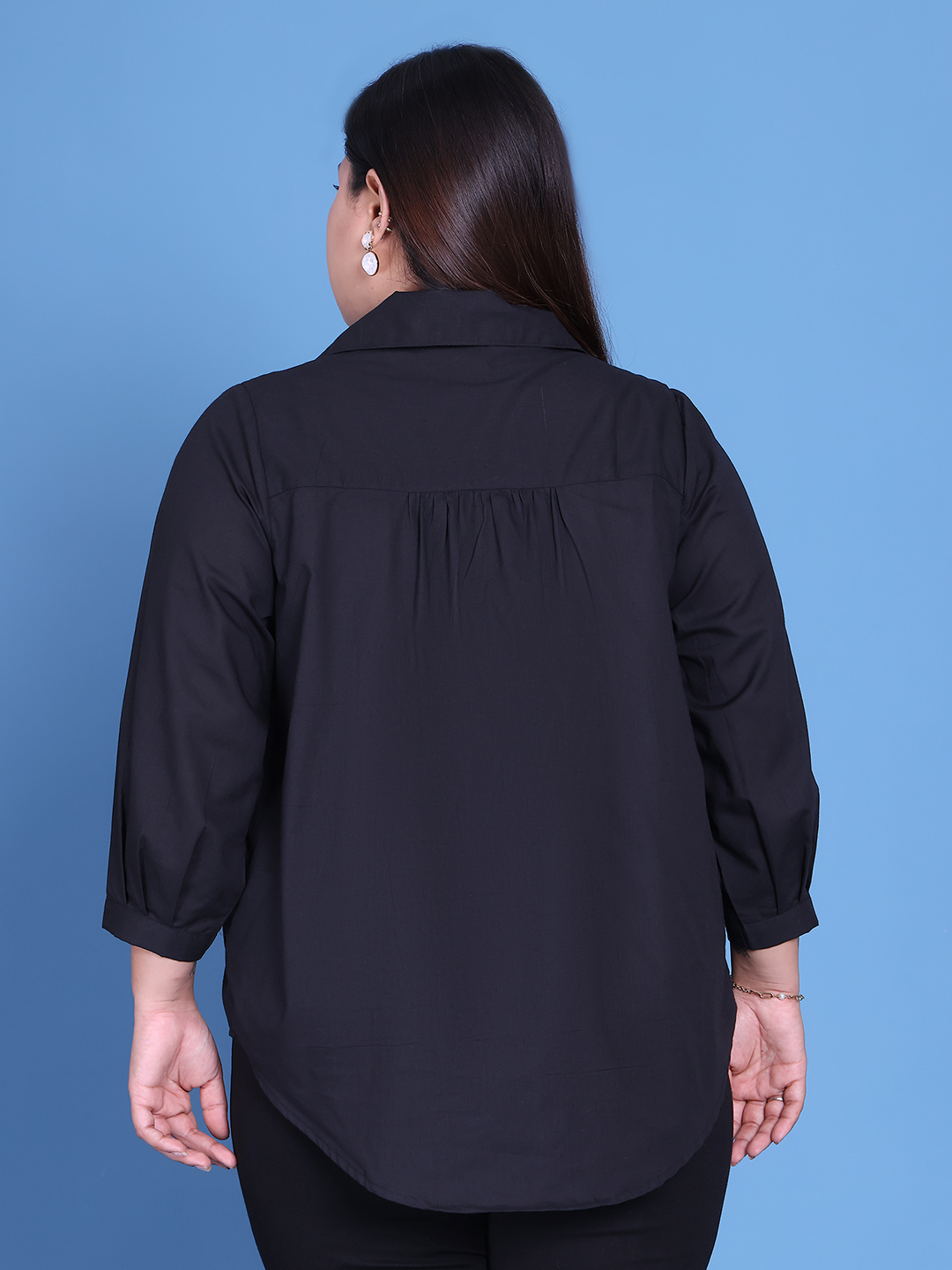 Women's Plus Size Black Solid Color Cotton Shirt