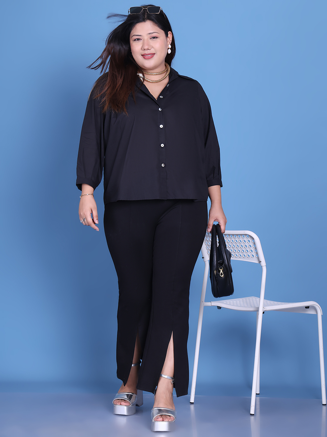 Women's Plus Size Black Solid Color Cotton Shirt
