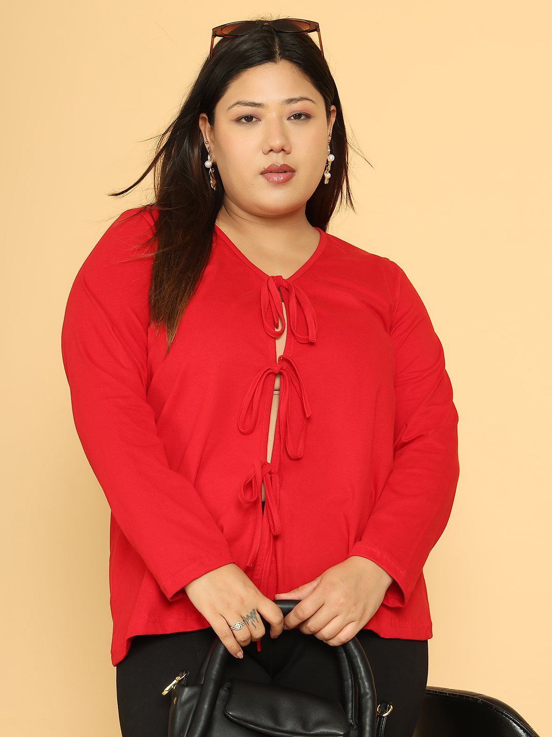 Women's Plus Size Red Solid Color Cotton Knitted Shrug
