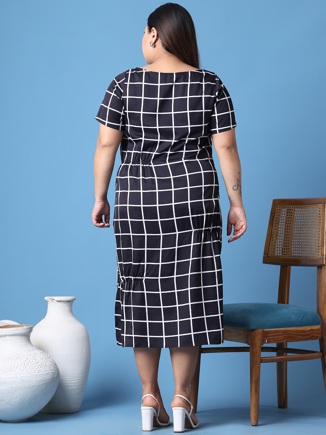 Women's Plus Size Black Checked Printed A-Line Crepe Dress