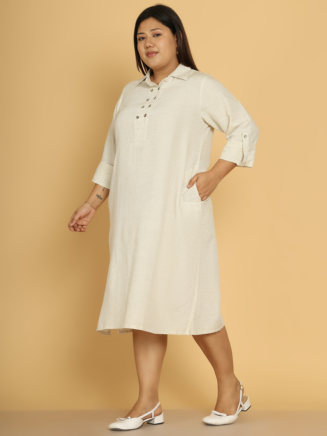 Women's Plus Size Khaki Solid Color A-Line Linen Dress