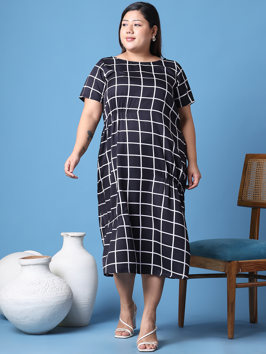 Women's Plus Size Black Checked Printed A-Line Crepe Dress