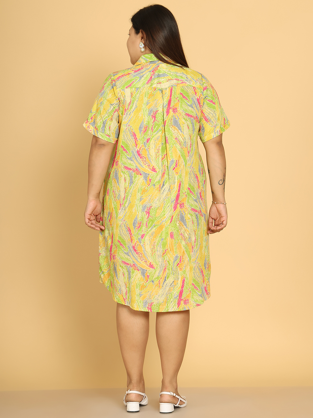 Women's Plus Size Yellow Gold Foil Printed A-Line Dress