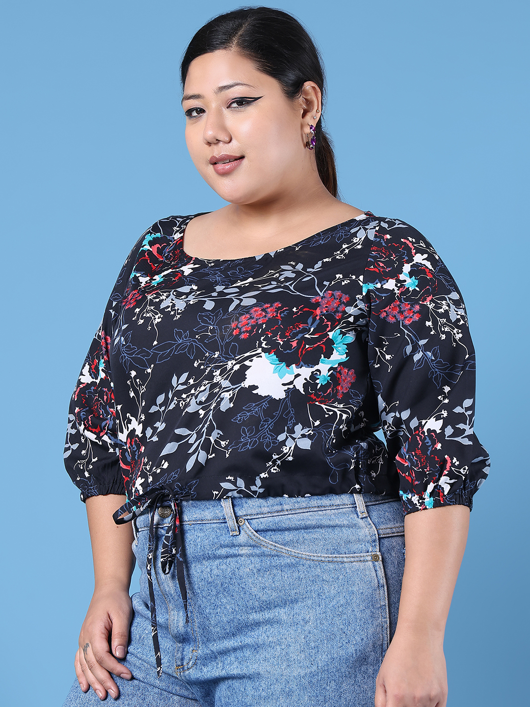 Women's Plus Size Black Floral Printed Crepe Top