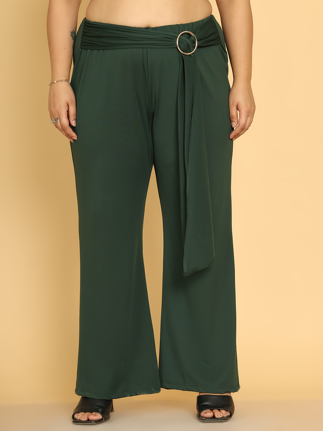 Women's Plus Size Olive Solid Color Poly Trouser with waist knot tie-up detail