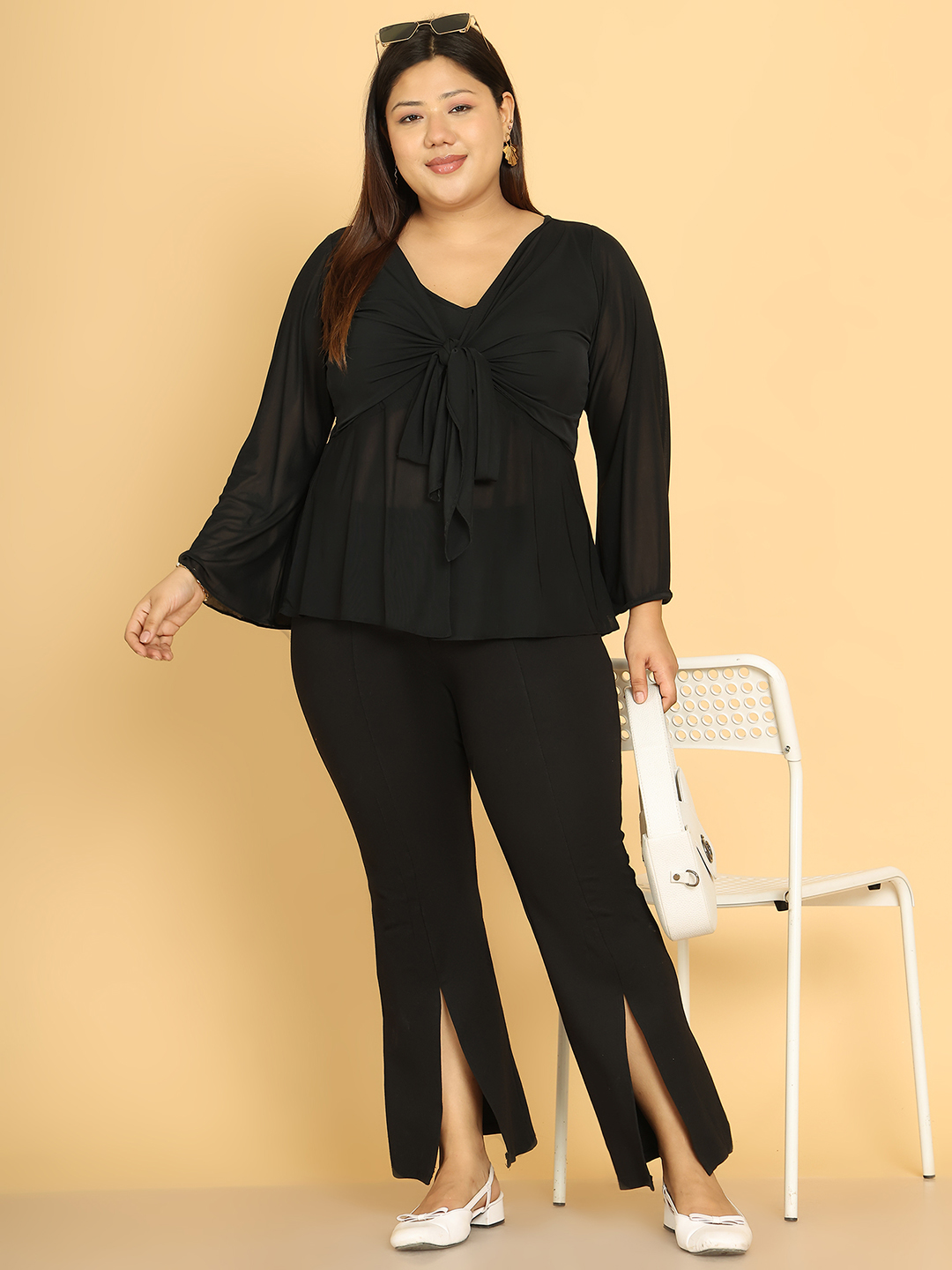 Women's Plus Size Black solid color poly knitted Tie-up mesh top