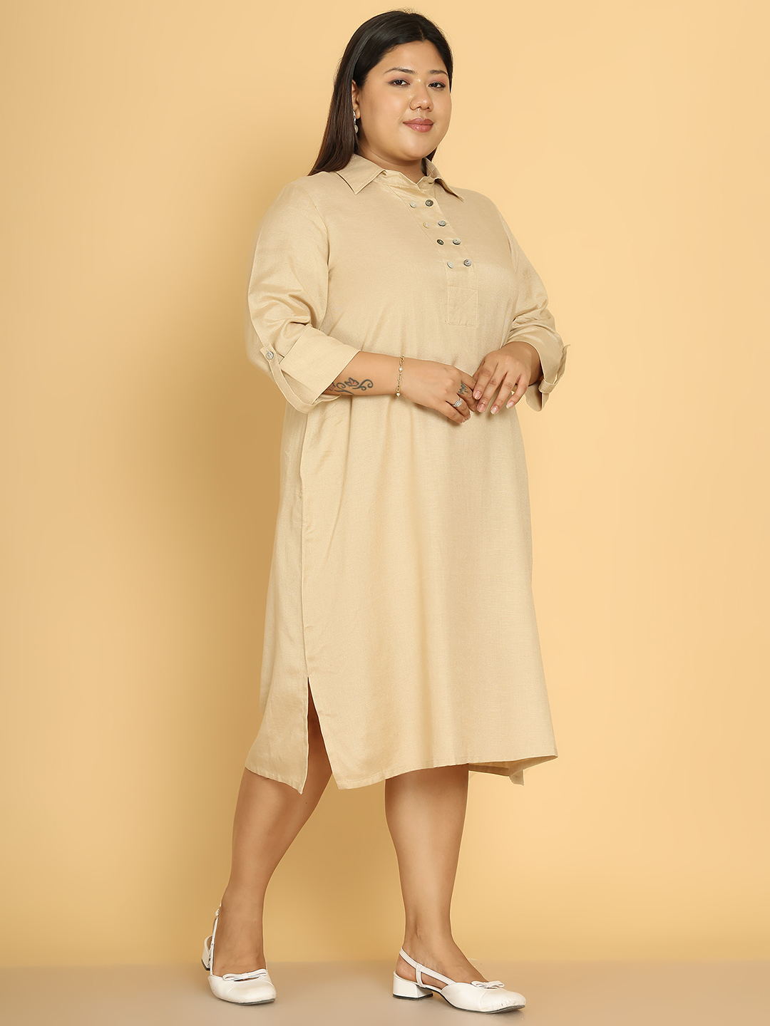 Women's Plus Size Beige Solid Color A-Line Linen Dress