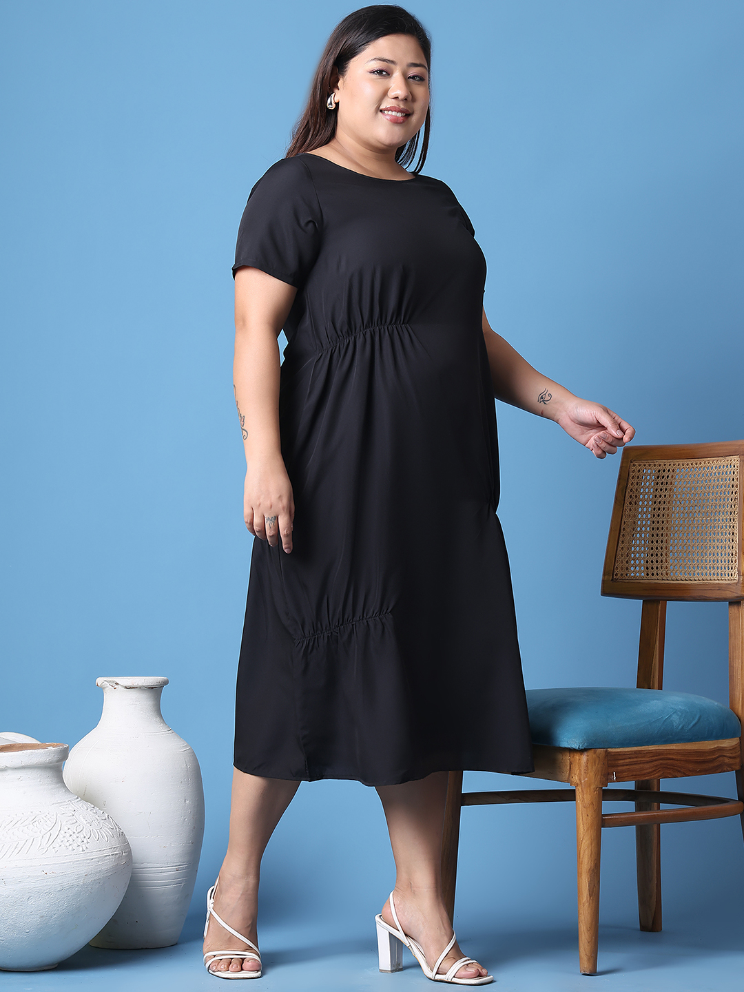 Women's Plus Size Black Solid Color A-Line Crepe Dress
