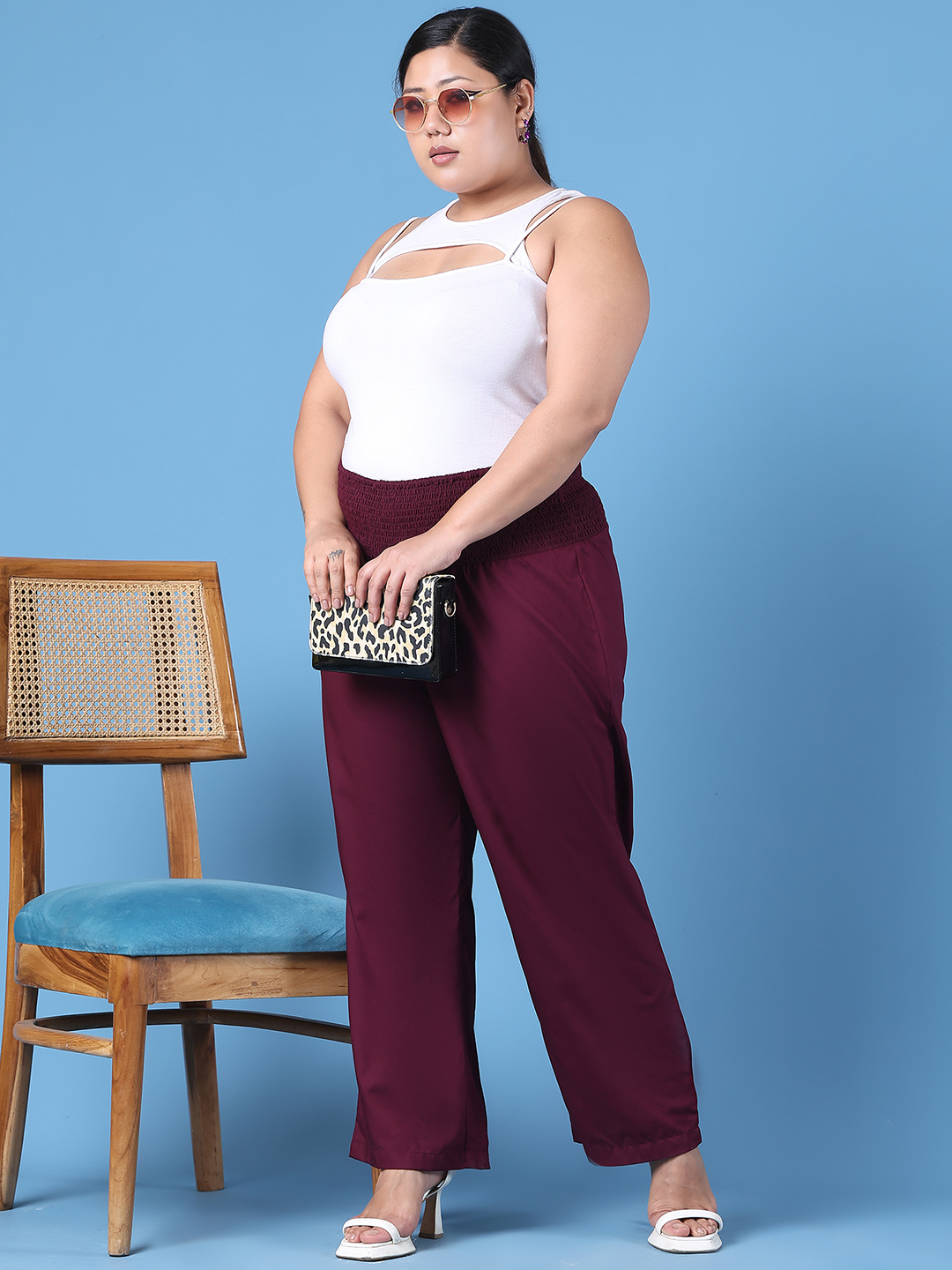 Women's Plus Size Wine Solid Color Woven Straight Fit Trouser