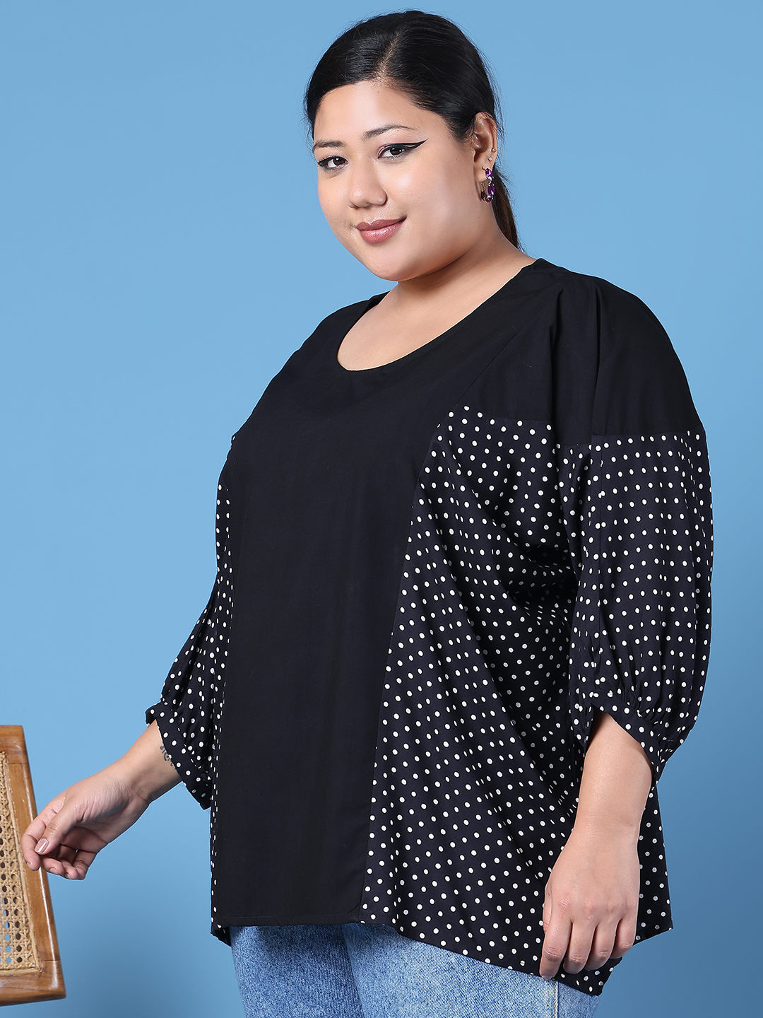 Women's Plus Size Black & White Polka Dot Printed kafatn Type Top