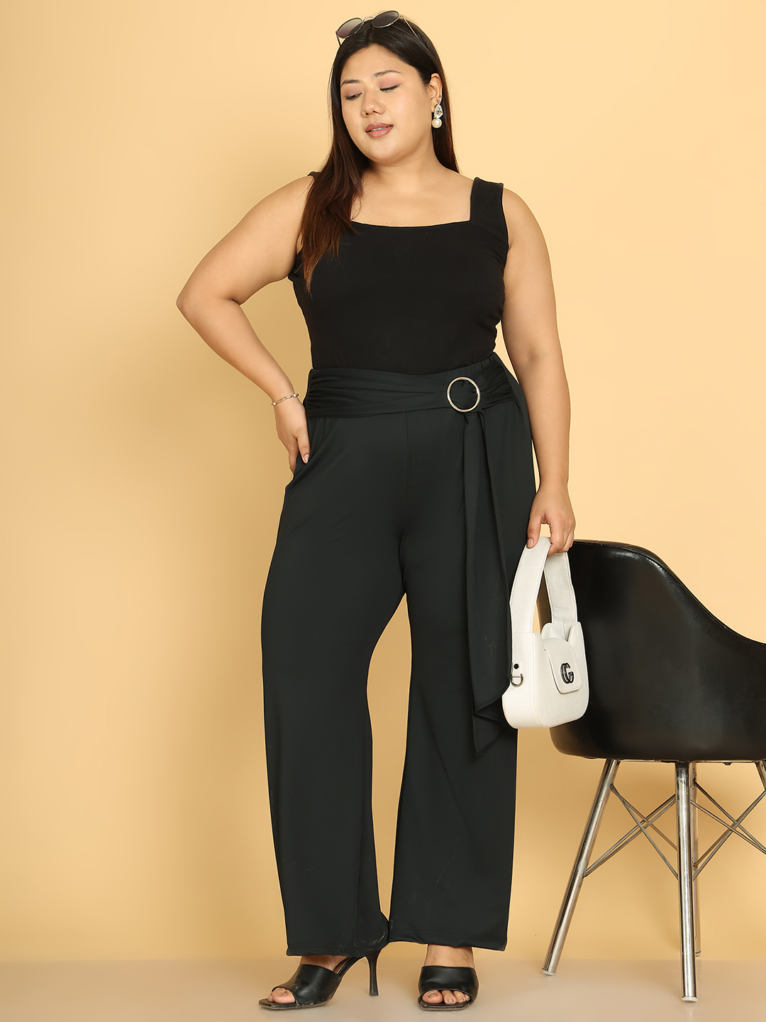 Women's Plus Size Black Solid Color Poly Trouser with waist knot tie-up detail
