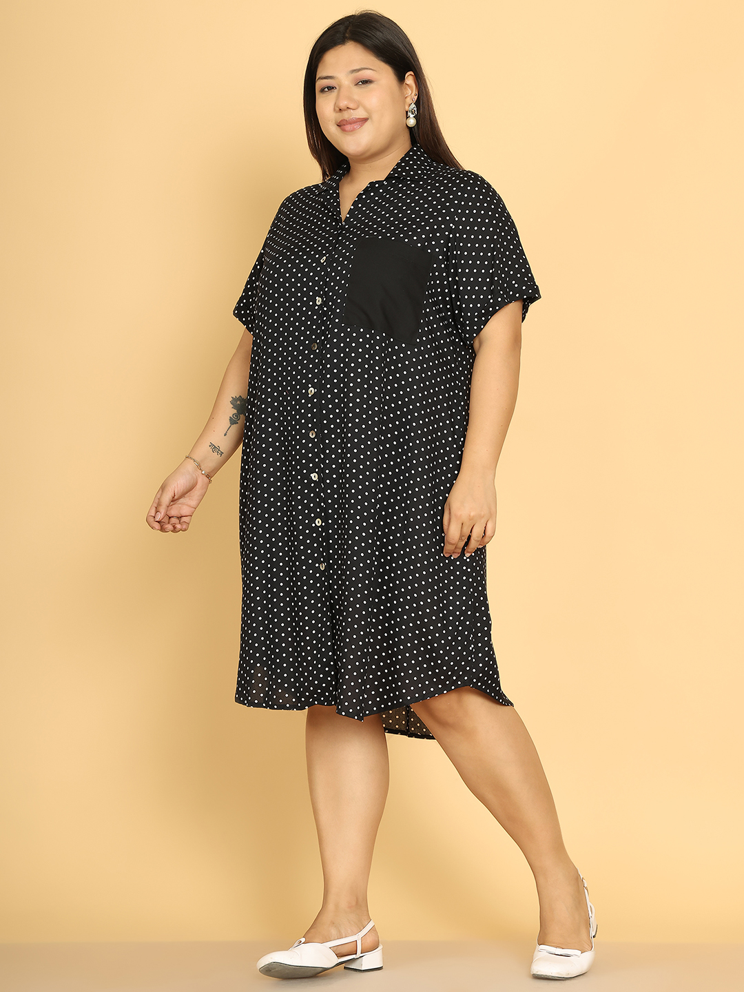 Women's Plus Size Black Polka Dot Printed A-Line Dress