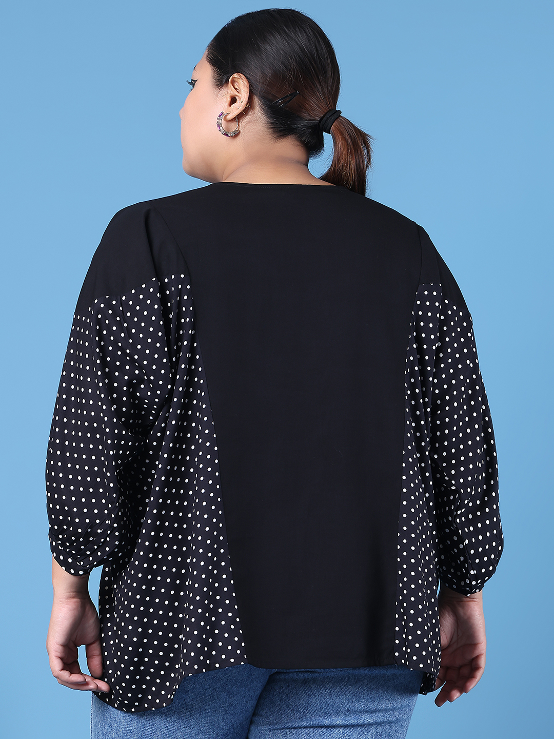Women's Plus Size Black & White Polka Dot Printed kafatn Type Top