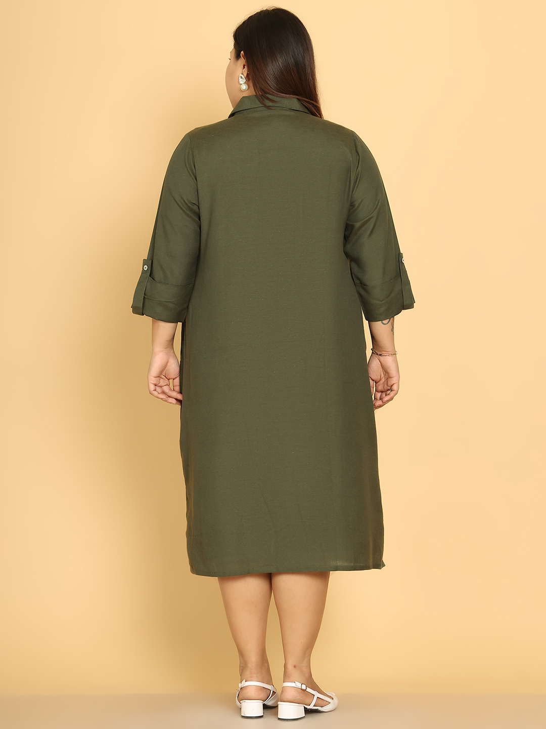 Women's Plus Size Olive Solid Color A-Line Linen Dress