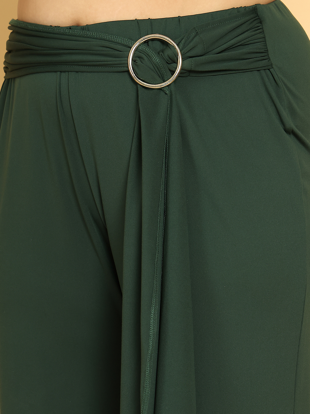 Women's Plus Size Olive Solid Color Poly Trouser with waist knot tie-up detail