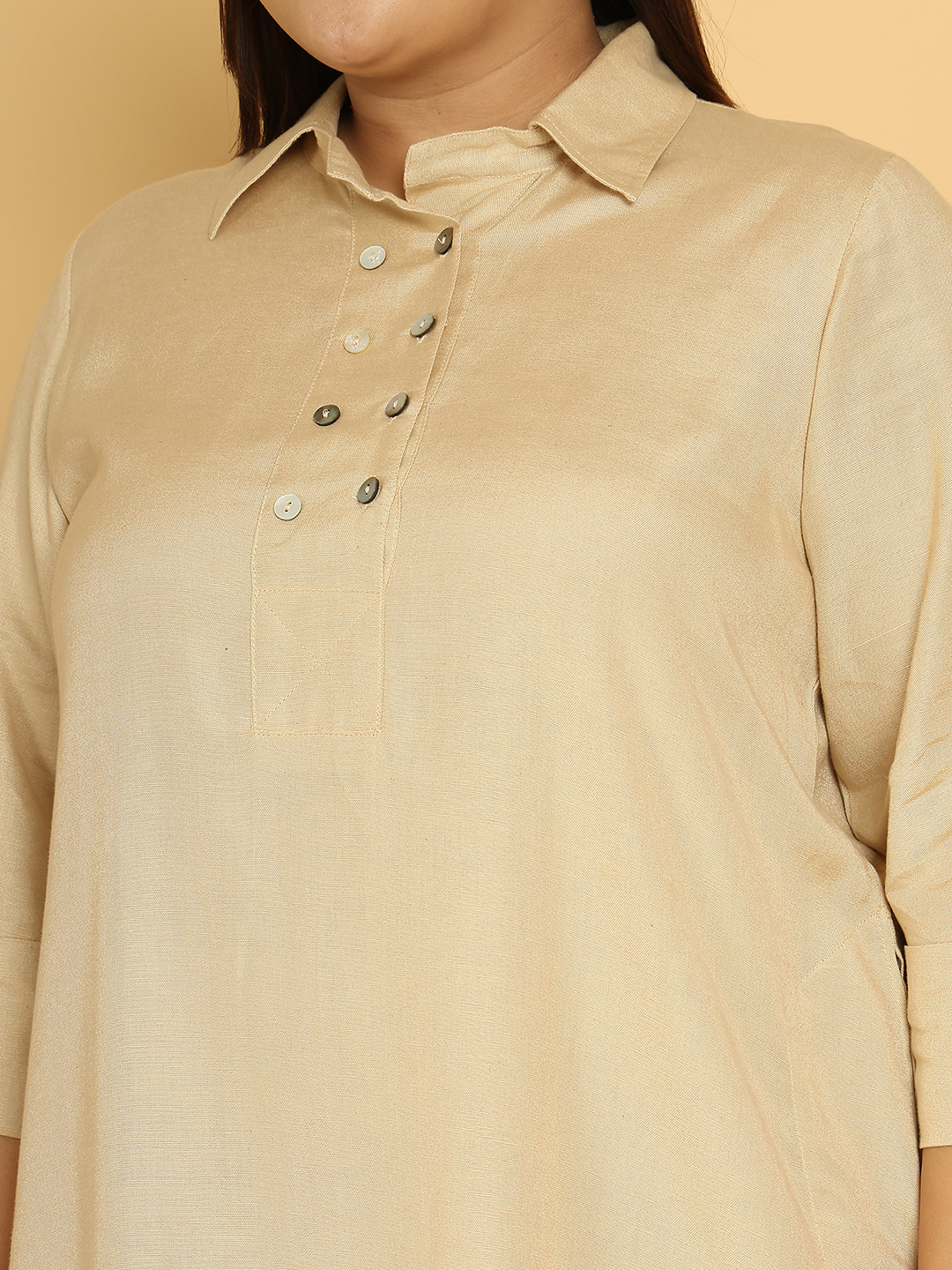 Women's Plus Size Beige Solid Color A-Line Linen Dress