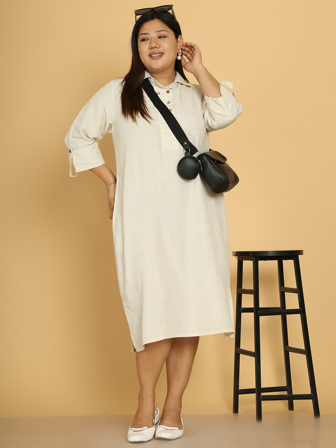 Women's Plus Size Khaki Solid Color A-Line Linen Dress