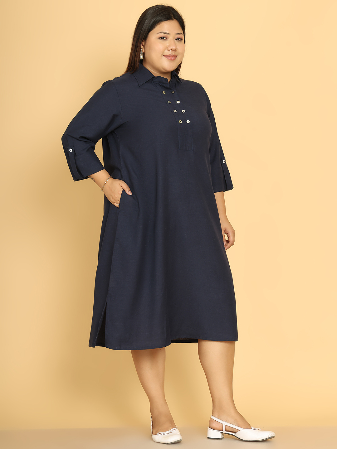 Women's Plus Size Navy Blue Solid Color A-Line Linen Dress