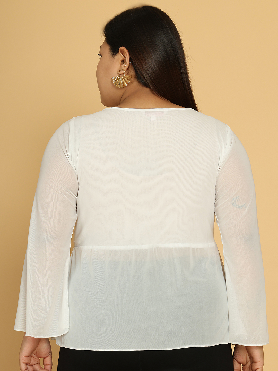 Women's Plus Size White solid color poly knitted Tie-up mesh top