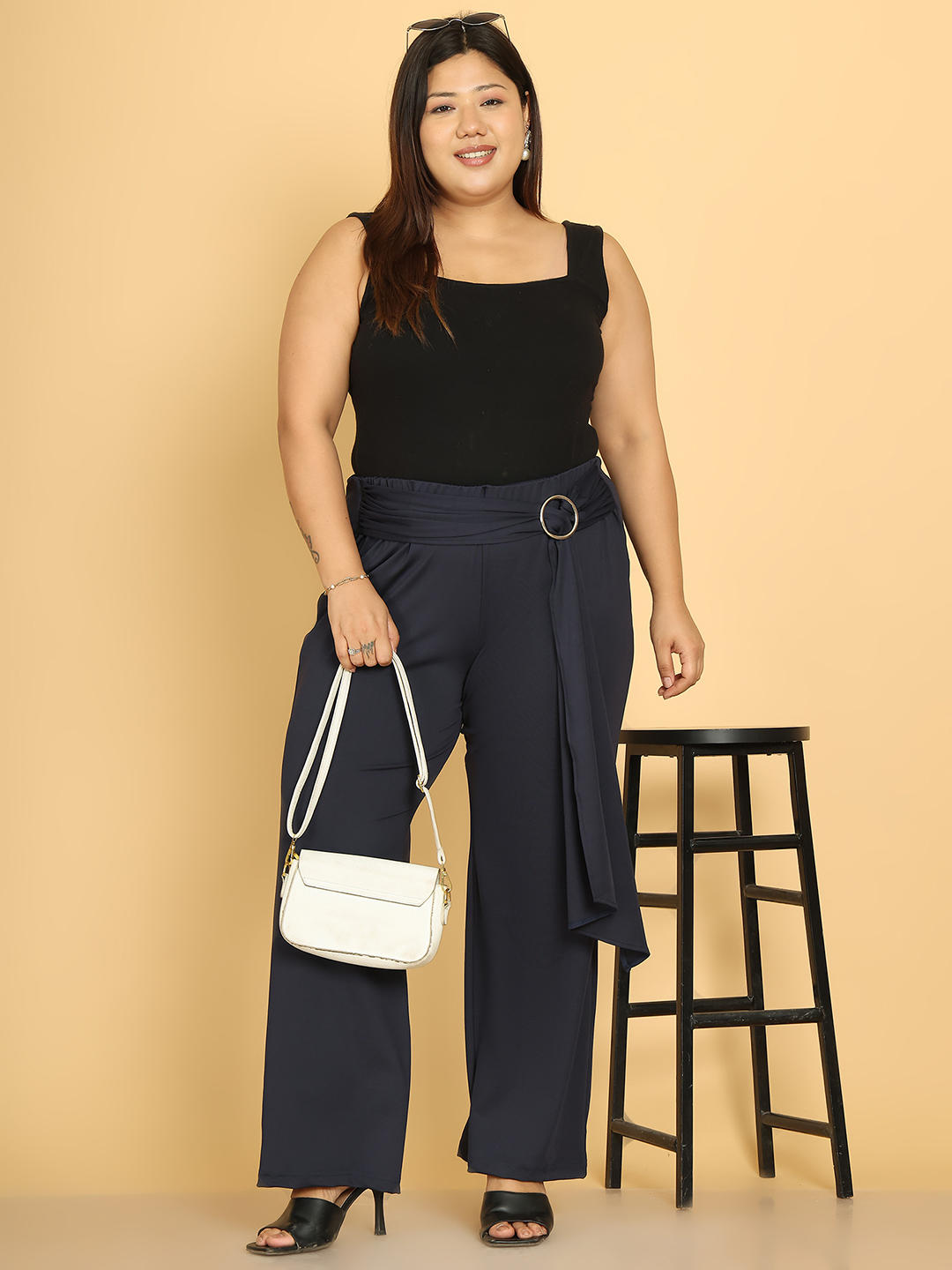 Women's Plus Size Navy Blue Solid Color Poly Trouser with waist knot tie-up detail