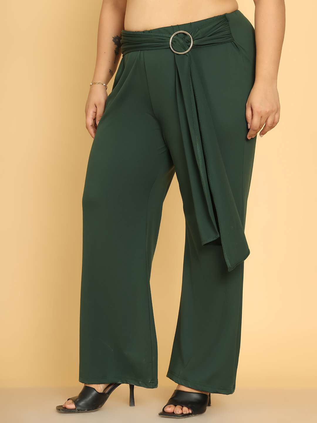 Women's Plus Size Olive Solid Color Poly Trouser with waist knot tie-up detail