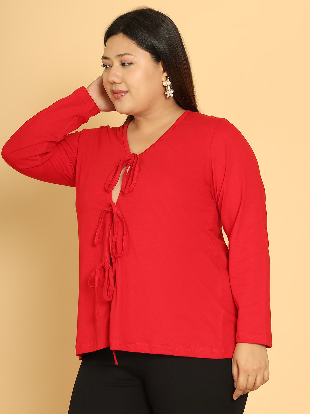 Women's Plus Size Red Solid Color Cotton Knitted Shrug