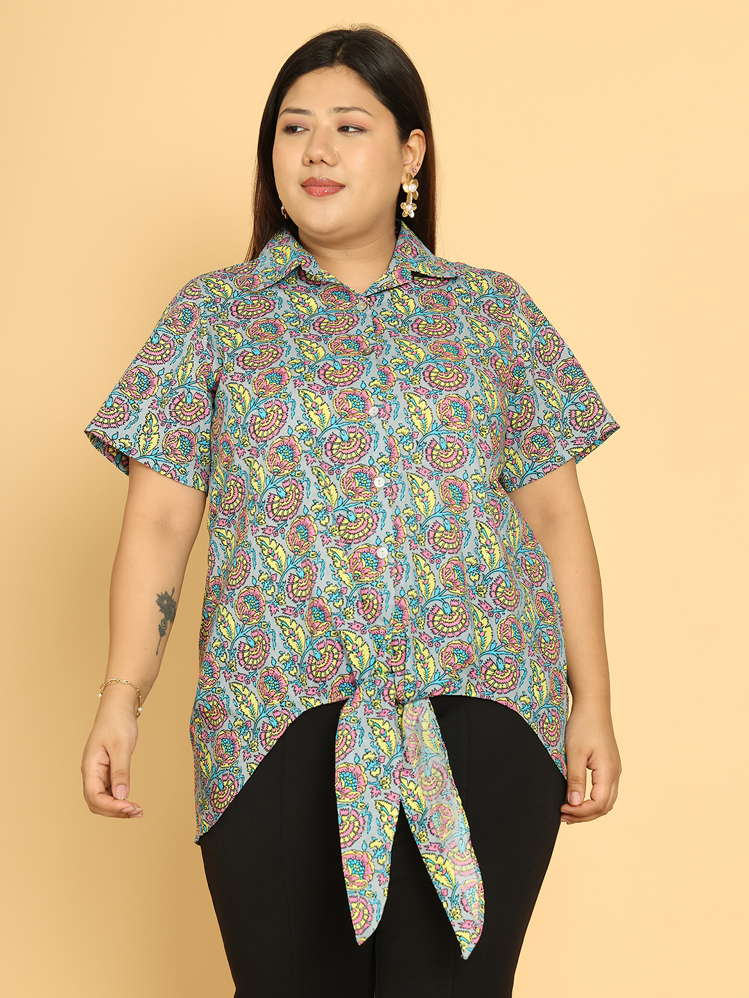 Women's Plus Size Grey Floral Printed Cotton Shirt