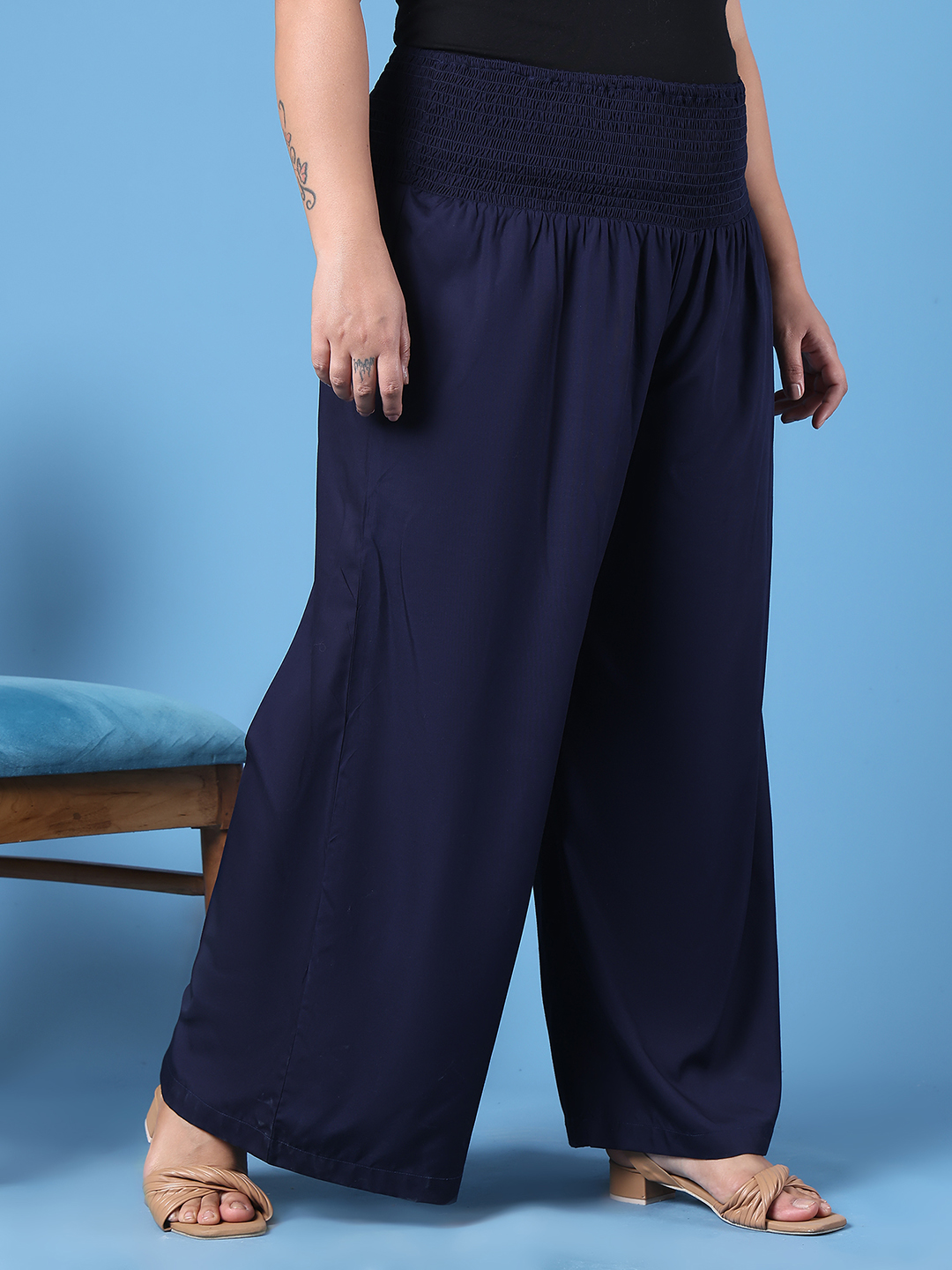 Women's Plus Size Navy Blue Solid Color Woven Wide Leg Flared Trouser