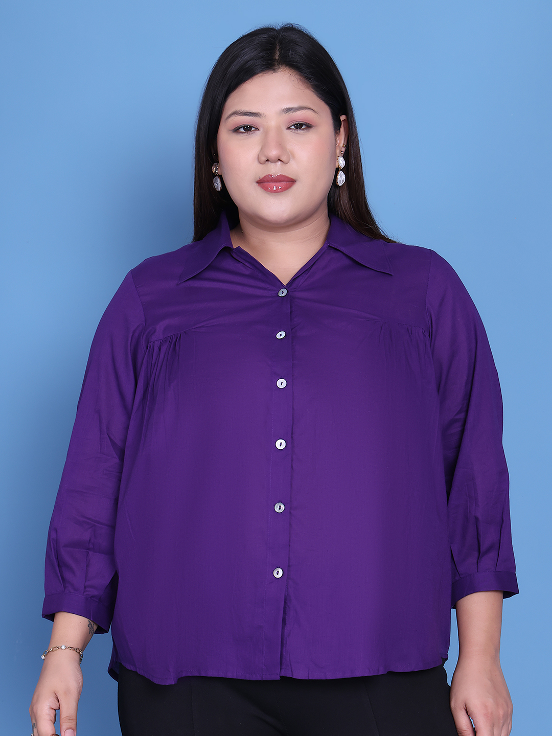 Women's Plus Size Purple Solid Color Cotton Shirt