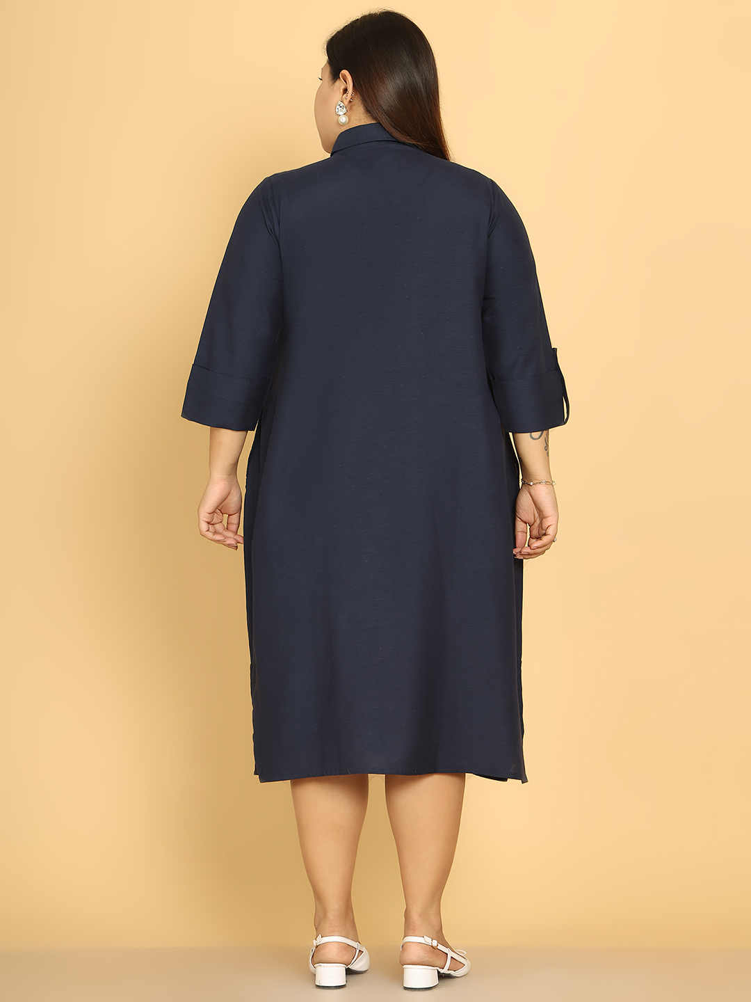 Women's Plus Size Navy Blue Solid Color A-Line Linen Dress