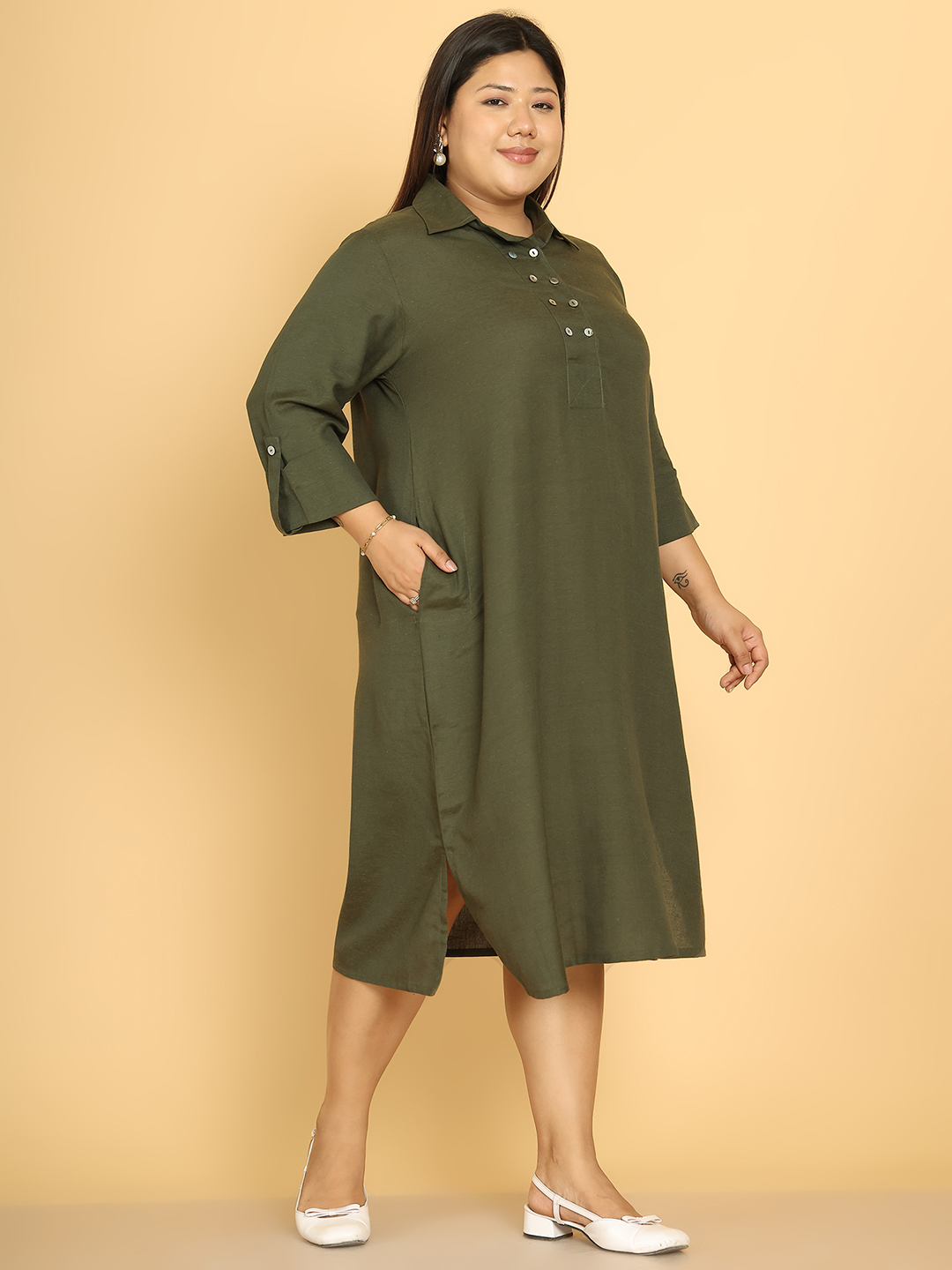 Women's Plus Size Olive Solid Color A-Line Linen Dress