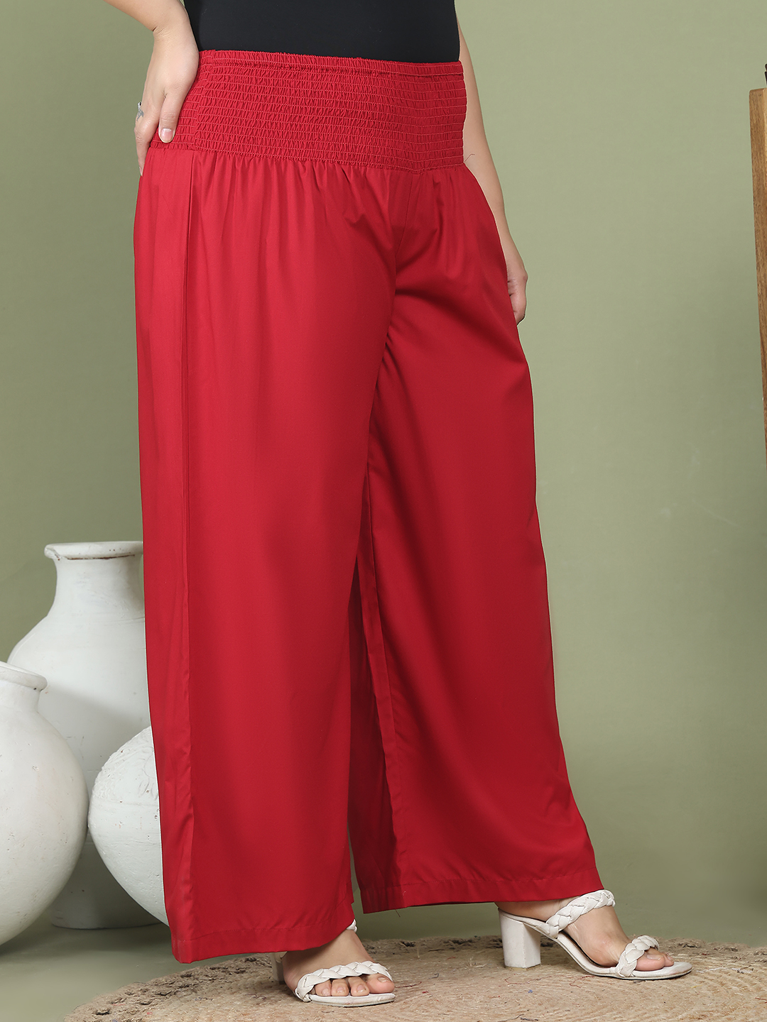 Women's Plus Size Maroon Solid Color Woven Wide Leg Flared Trouser
