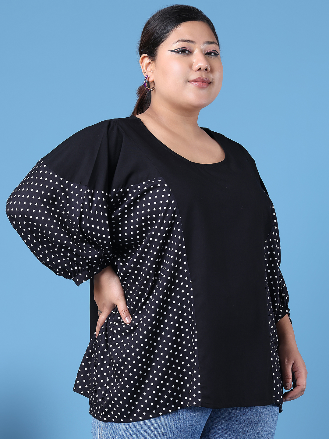 Women's Plus Size Black & White Polka Dot Printed kafatn Type Top