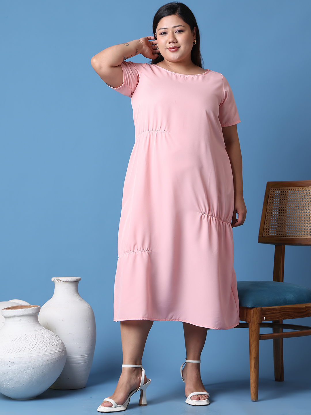 Women's Plus Size Pink Solid Color A-Line Crepe Dress
