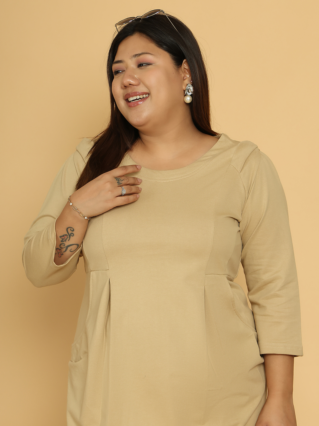 Women's Plus Size Beige solid color cotton knitted sheath dress
