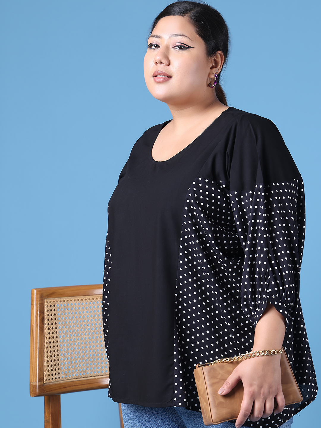 Women's Plus Size Black & White Polka Dot Printed kafatn Type Top