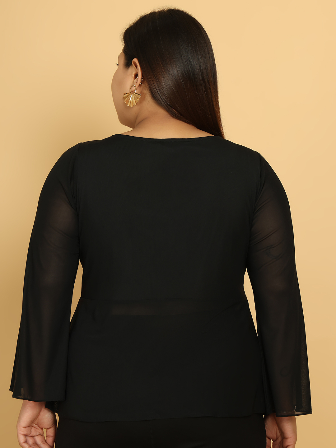 Women's Plus Size Black solid color poly knitted Tie-up mesh top