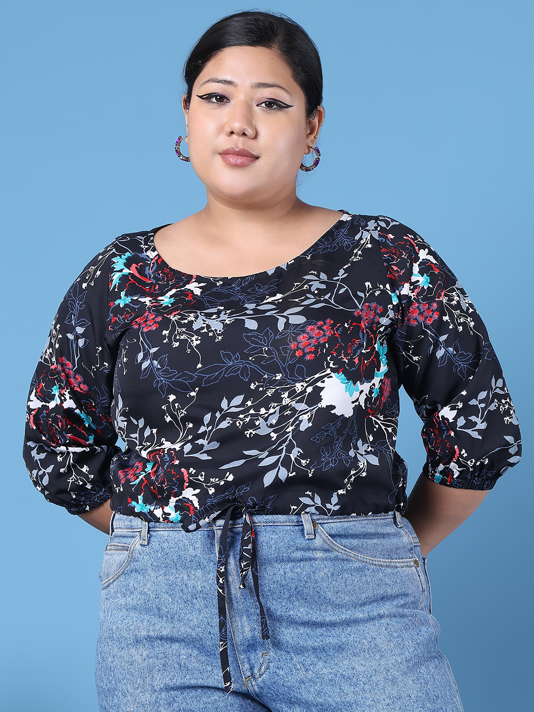 Women's Plus Size Black Floral Printed Crepe Top