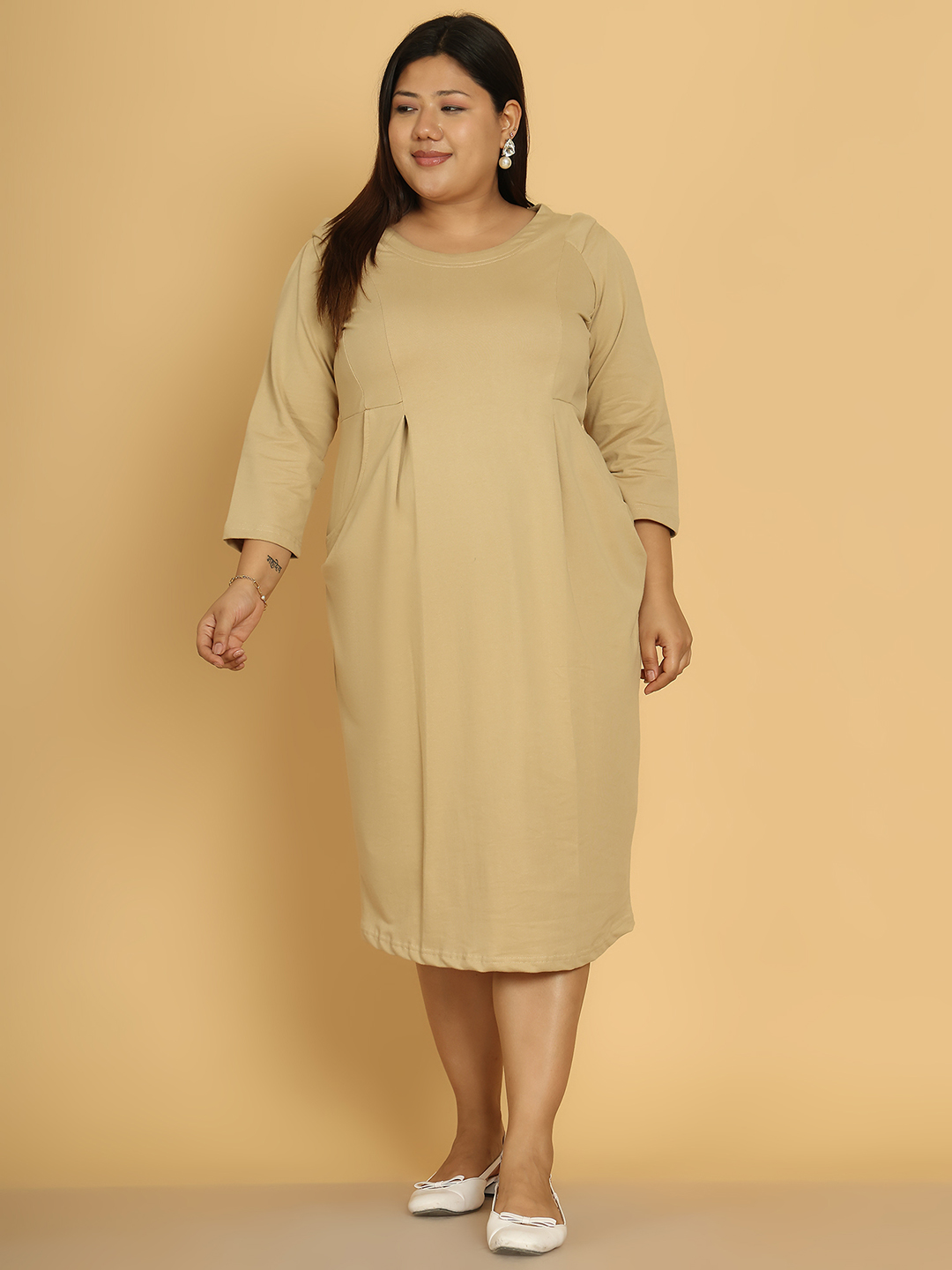 Women's Plus Size Beige solid color cotton knitted sheath dress